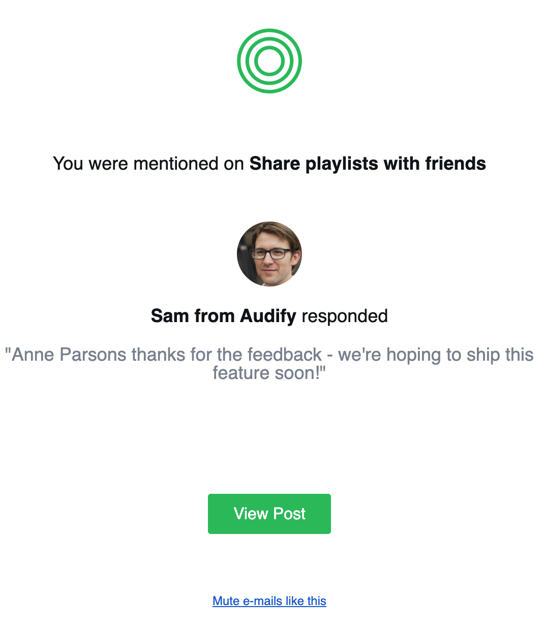 Example branded email sent when a user is @mentioned
