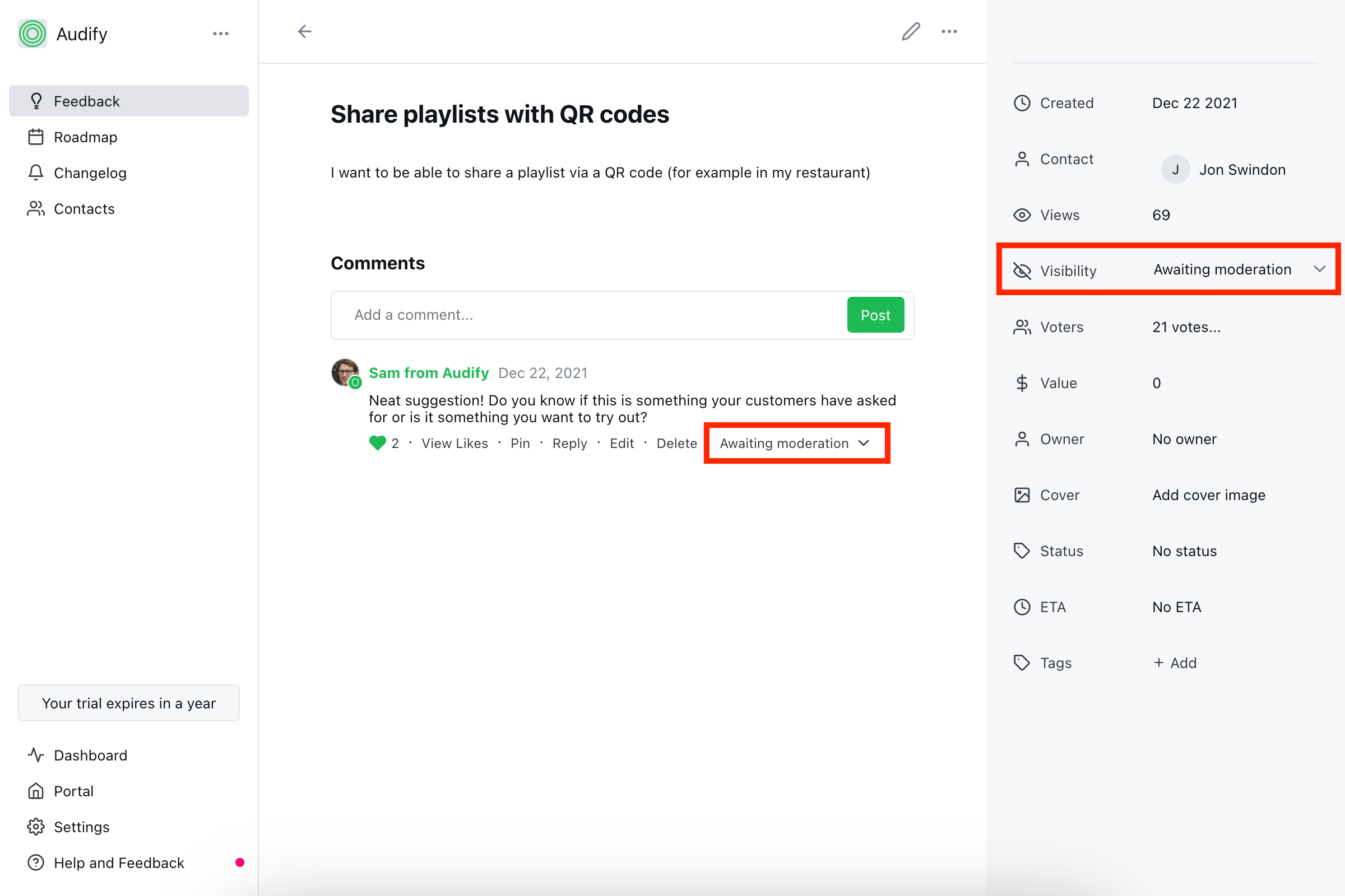 Changing the moderation status of a post from the admin post view