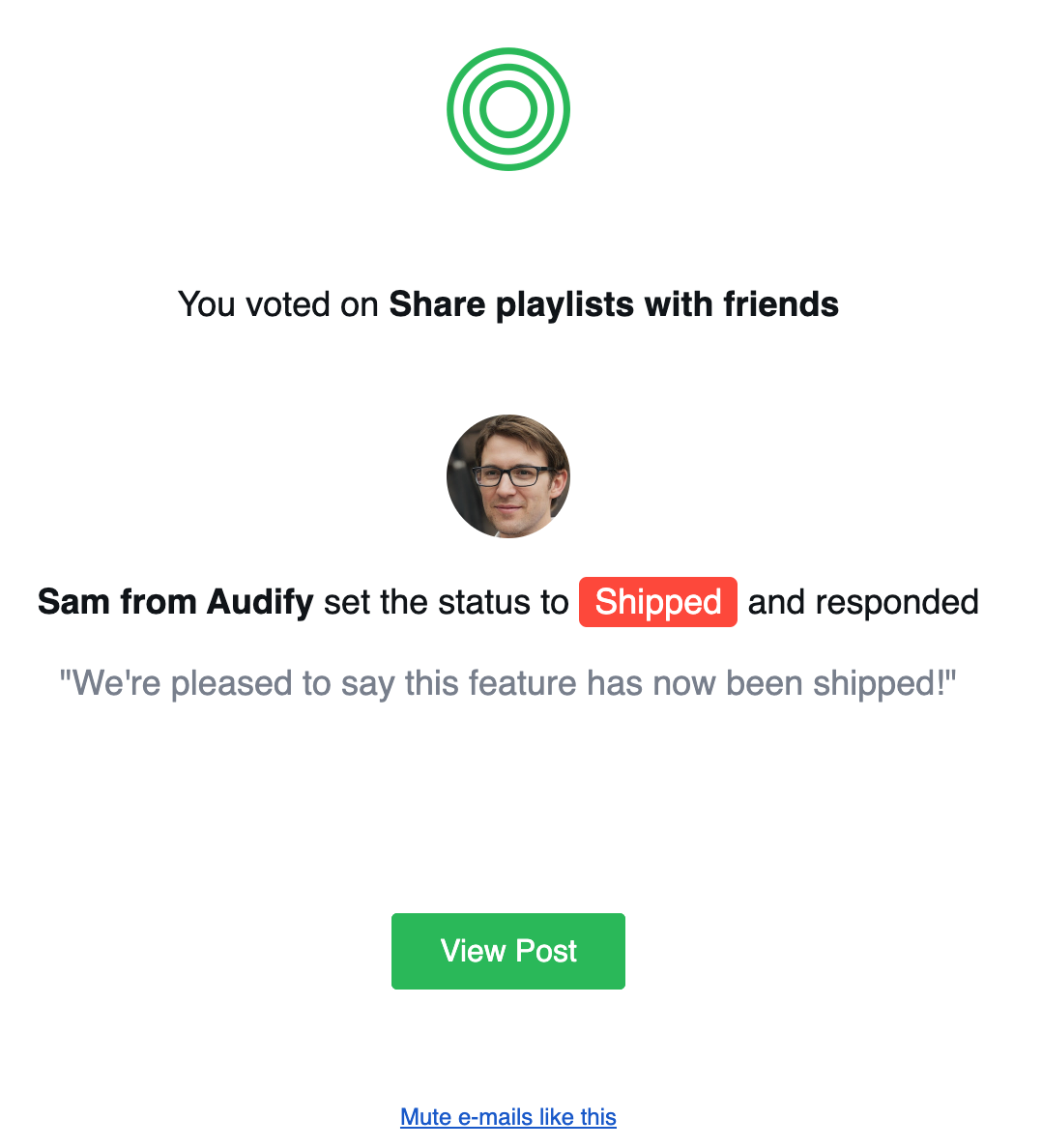 Example branded email sent when a post's status changes