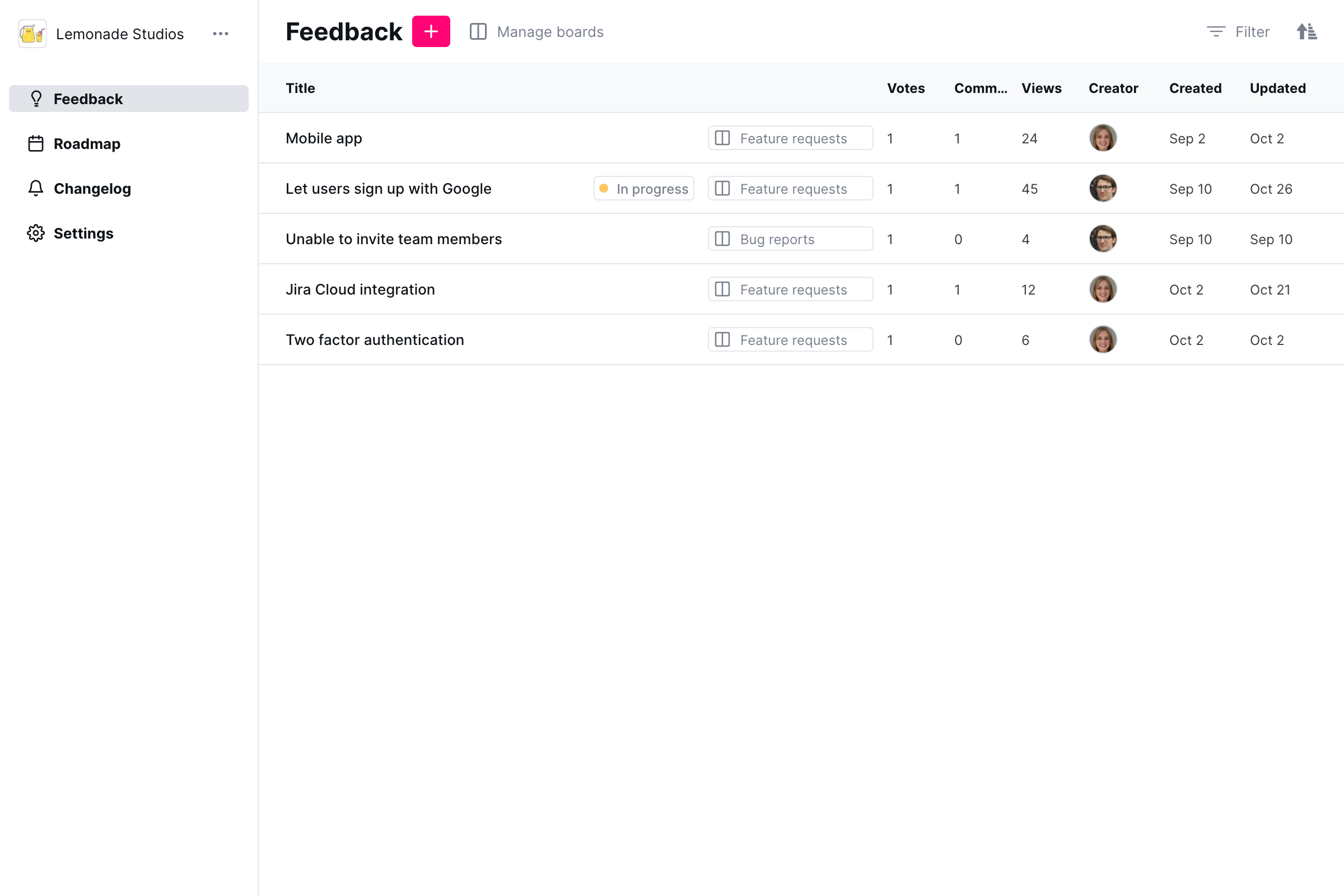 A preview of the powerful feature requests view in Noora