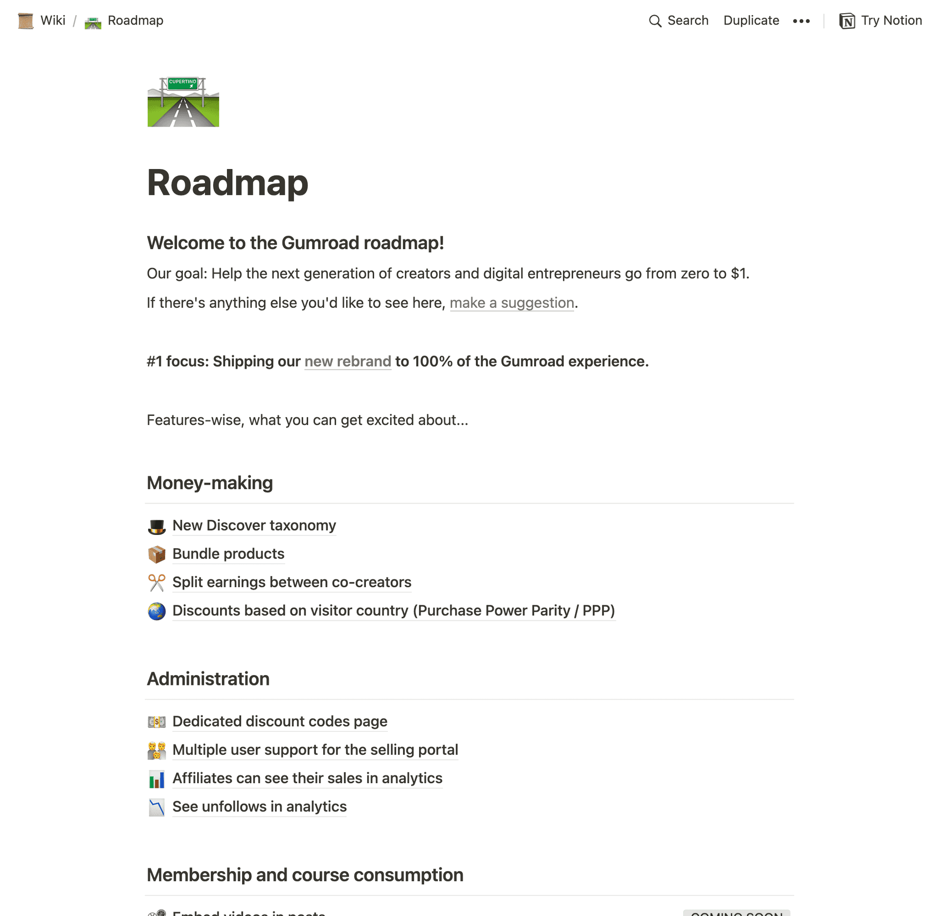 A screenshot of the Gumroad public roadmap